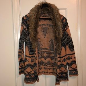 Knit Cardigan w/ Faux Fur Collar